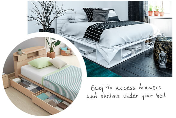 pull out drawers underneath wooden bed, white shelves under white wooden bed